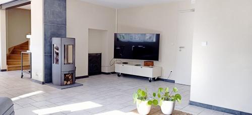 a living room with a flat screen tv and a fireplace at Le Repos du Clocher in Daverdisse