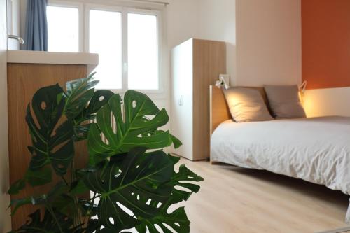 a bedroom with a bed and a large green plant at LP - 4 saisons in Annecy