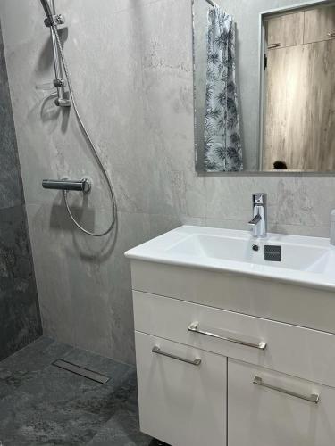 La salle de bains est pourvue d'un lavabo blanc et d'une douche. dans l'établissement Modern Apartment, à Erevan