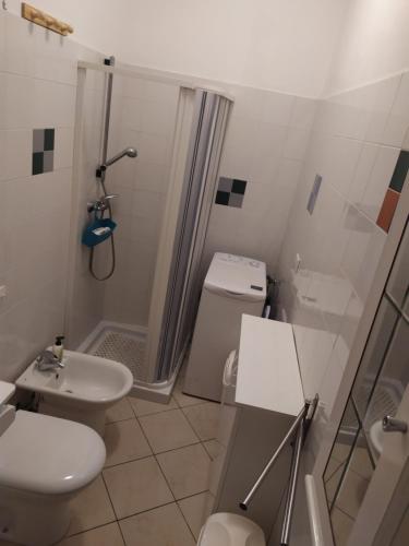 y baño con ducha, aseo y lavamanos. en Casa facile, en Monteroni di Lecce