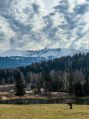 a snow covered mountain in the distance with a lake at Apartament 600 npm in Piechowice