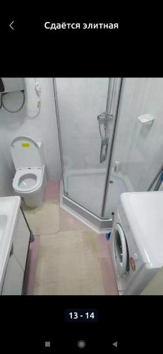 a bathroom with a shower and a toilet and a sink at 1 комнатная квартира in Bishkek