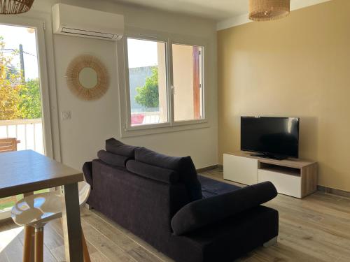 un salon avec un canapé et une télévision à écran plat dans l'établissement Carré d'or à 200 m de la plage des Lecques, à Saint-Cyr-sur-Mer