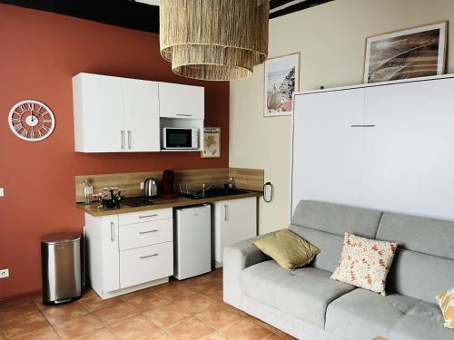 een woonkamer met een bank en een keuken bij Logement, plein centre du village de Verzy in Verzy