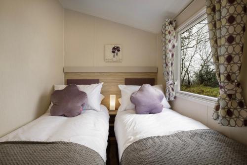 two beds in a small room with a window at Ribble Heights - Cosy Tree-Top Glamping Lodge with Balcony in Longridge