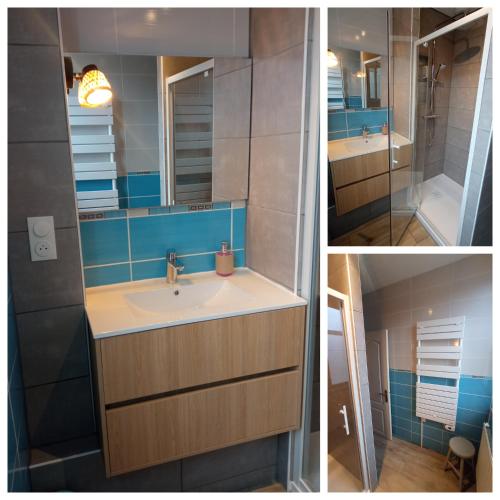 une salle de bain avec un lavabo et un miroir dans l'établissement Au Pied Des Remparts, à Saint-Valery-sur-Somme