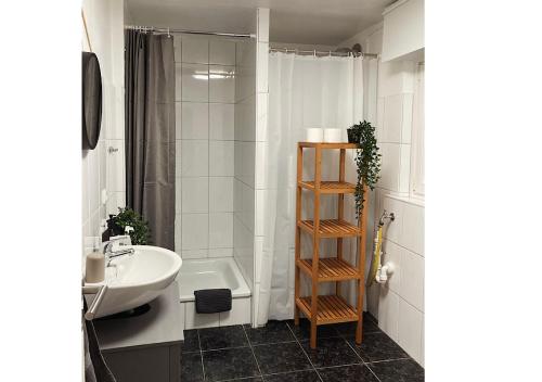 a bathroom with a sink and a toilet and a shower at City-Apartment Kreuzviertel-Lädchen mit gratis Parkplatz in Münster