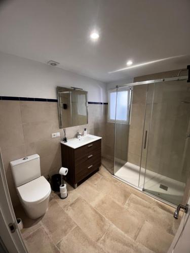 a bathroom with a shower and a toilet and a sink at Shanti’s Andalusian Rooms in Málaga