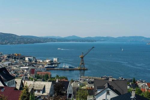 a city with a harbor with a crane in the water at Villa with incredible view, 5 BR in Bergen