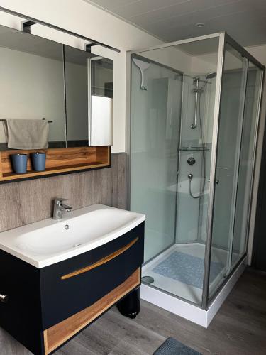 a bathroom with a sink and a shower at Ferienwohnung Schneider in Baumholder
