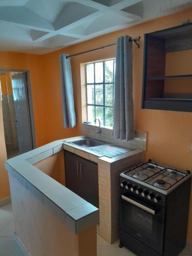 a kitchen with a stove and a sink and a window at Sweet Homes S.Bypass in Kikuyu