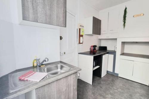 une cuisine blanche avec un évier et un comptoir dans l'établissement Chez K&D studio cosy, au Havre