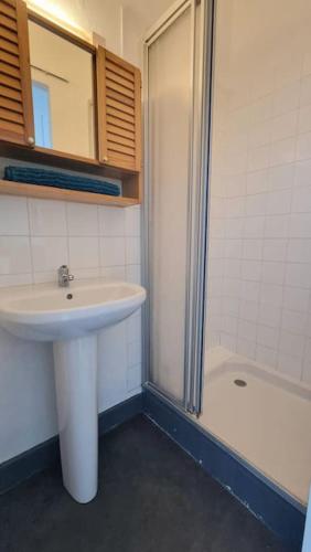 une salle de bain avec un lavabo et une douche dans l'établissement Chez K&D studio cosy, au Havre