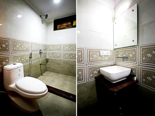 two pictures of a bathroom with a toilet and a sink at EMINENCE - PALM RESIDENCY (1.5 KM FROM NAKKI LAKE) in Mount Ābu