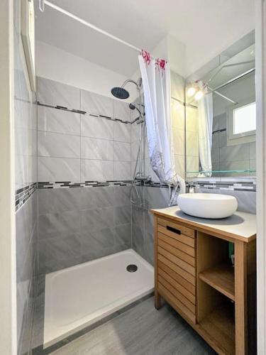 une salle de bain avec douche et lavabo dans l'établissement Charmant T2 piscine proche plage, au Lavandou