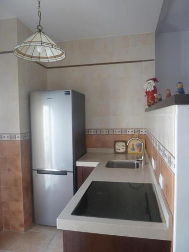 La cuisine est équipée d'un réfrigérateur en acier inoxydable et d'un évier. dans l'établissement Andalucía Central, à Fuentes de Andalucía