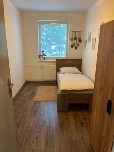 um quarto com uma cama e uma janela em Ubytovanie v Kanianke em Kanianka