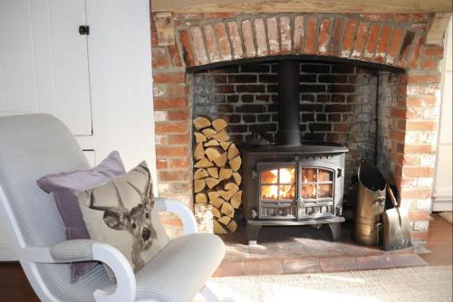 シャンクリンにある1 Apse Castle Cottage - Pet Friendlyのリビングルーム(レンガ造りの暖炉、コンロ付)