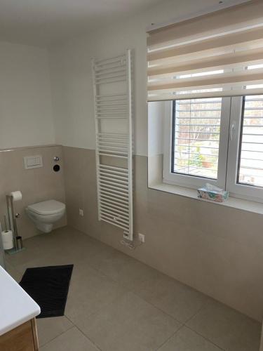 a bathroom with a toilet and a window at Quality See Apartments Reifnitz in Reifnitz