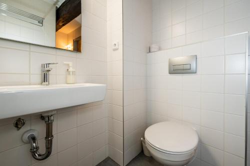 biała łazienka z toaletą i umywalką w obiekcie Penzion Pod hradem w Adršpach