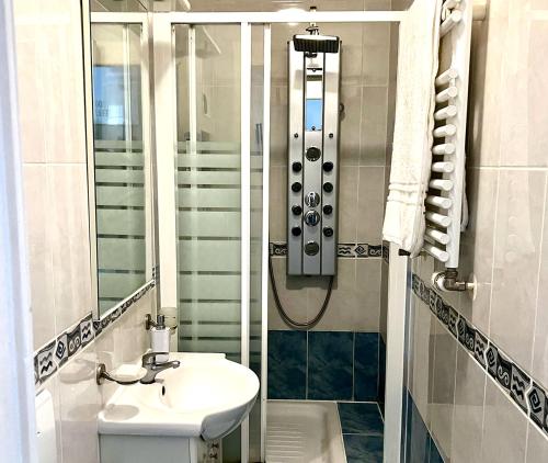 W łazience znajduje się umywalka i prysznic. w obiekcie Appartement en centre-ville w Genewie