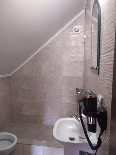 a bathroom with a sink and a toilet at Family House in Makarovka