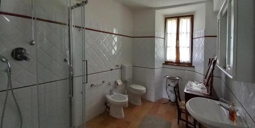 a bathroom with a toilet and a sink and a shower at B&B CorteBonomini entire home in Sasso