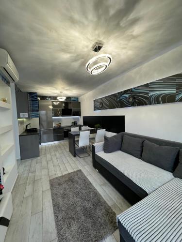 uma sala de estar com um sofá e uma cozinha em Gina Apartman em Debrecen