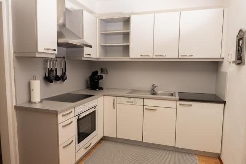 a white kitchen with white cabinets and a sink at Bürgerhaus Martinecz in Bad Radkersburg