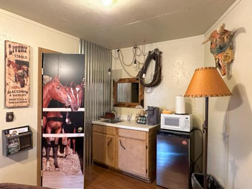 una pequeña cocina con fregadero y microondas en Acorn Hideaways Canton Old Western Ranch Hands' Suite en Canton