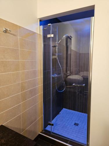 a shower with a glass door in a bathroom at Blue Hole b&b Santeramo in colle e Jacuzzi Suite in Santeramo in Colle