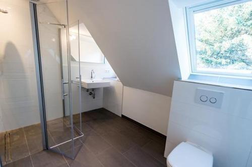 een badkamer met een douche, een toilet en een wastafel bij Strandkoje-Landhaus-Tadsen in Westerland