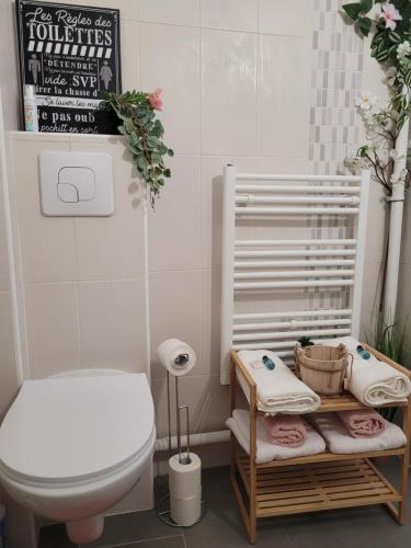a small bathroom with a toilet and a stool at COCOONING HOUSE B222 Suite ZEN & PEACEFUL AEROPORT PARIS ROISSY CDG - PARC ASTERIX- STADE DE FRANCE in Survilliers