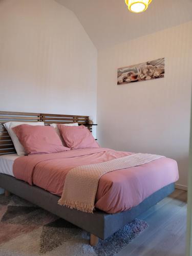 1 dormitorio con 1 cama con almohadas rosas en COCOONING HOUSE B222 Suite ZEN & PEACEFUL AEROPORT PARIS ROISSY CDG - PARC ASTERIX- STADE DE FRANCE, en Survilliers