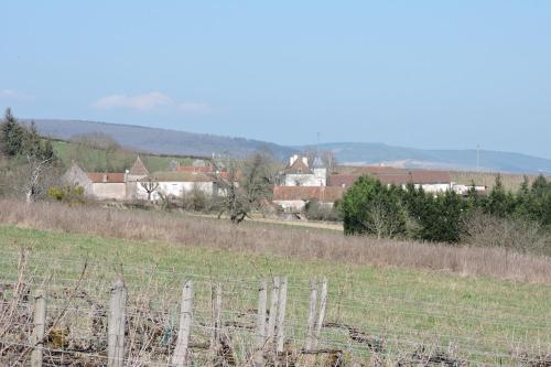 un champ avec une clôture et des maisons en arrière-plan dans l'établissement GITE DU VIGNERON, à Chassey-Le-Camp