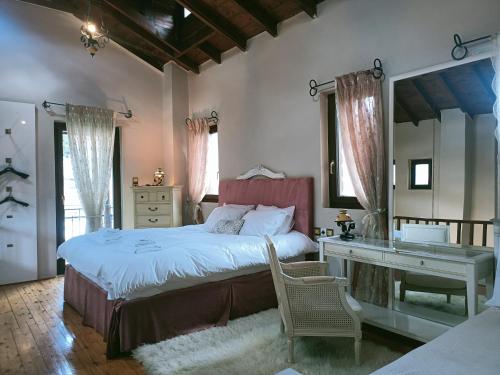 a bedroom with a bed and a desk and a sink at Amadrias Villa Florina in Florina