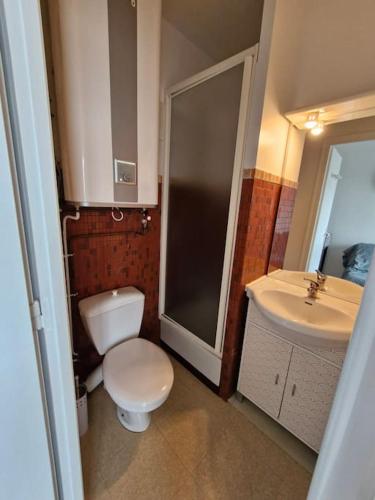 une salle de bain avec toilettes et lavabo dans l'établissement Studio - Marina 5 - 31 allée des Pignons - 4-1, à Saint-Jean-de-Monts