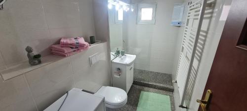 a white bathroom with a toilet and a sink at La Bloc Apartment in Arad