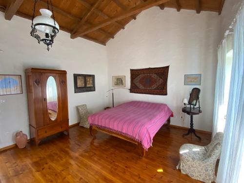 1 dormitorio con 1 cama y suelo de madera en Two sisters en Alonnisos Old Town