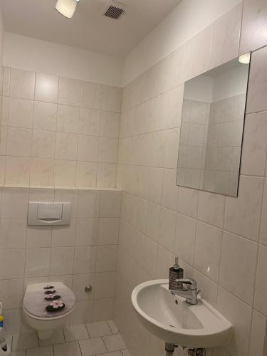 Baño blanco con lavabo y aseo en Wohnung gegenüber vom Theater, en Gera