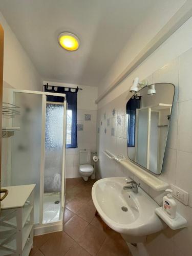 a bathroom with a sink and a shower and a mirror at Le Palme Holidays in Palmadula