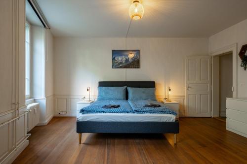 a bedroom with a bed with blue pillows and a ceiling at Jewel in the center of Thun's old Town in Thun
