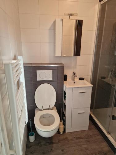une petite salle de bain avec toilettes et lavabo dans l'établissement Studio vue mer, à La Baule