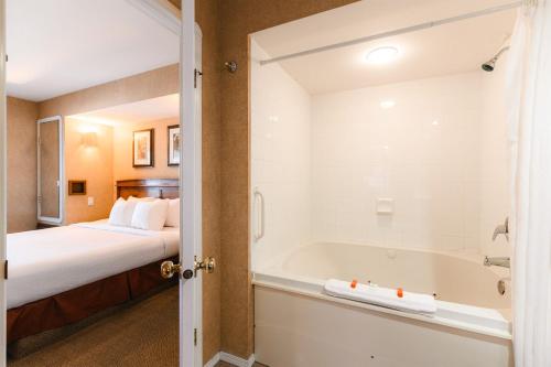 um quarto de hotel com uma cama e uma banheira em Mountain View Resort and Suites at Fairmont Hot Springs em Fairmont Hot Springs