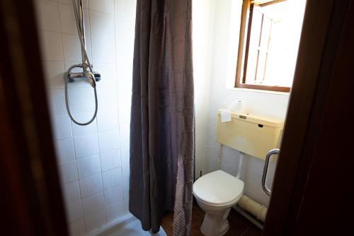 a bathroom with a toilet and a shower with a window at Sevenoaks Guest House in Trimley Heath