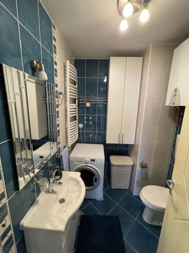 a bathroom with a toilet sink and a washing machine at Apartment Next Door in Novi Sad