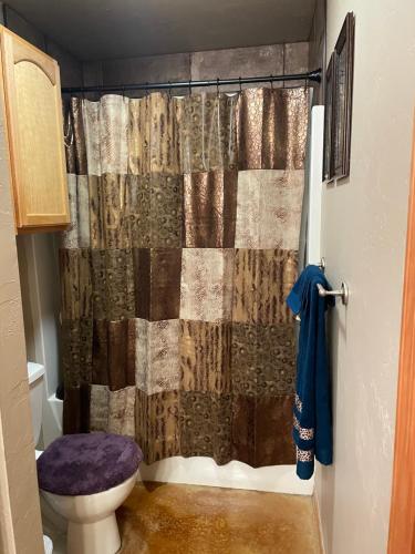 bagno con tenda per la doccia e servizi igienici di And Boots Start Knocking a Stillwater