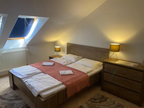 um quarto com uma cama com duas almofadas em Haus Lucia em Eger