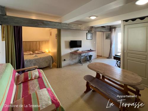 Carbonne的住宿－Domaine de la Terrasse，配有床、桌子和沙发的房间