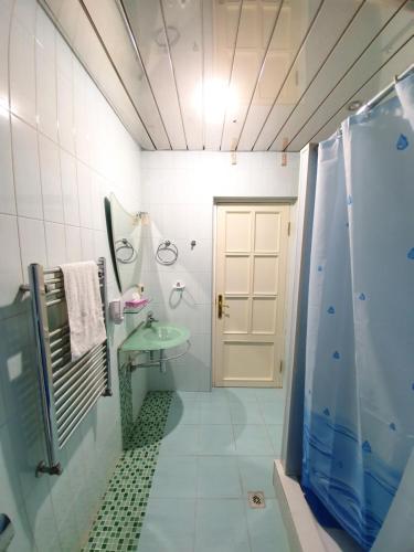 La salle de bains est pourvue d'une douche, d'un lavabo et d'une porte. dans l'établissement Doss Guest Hause, à Erevan
